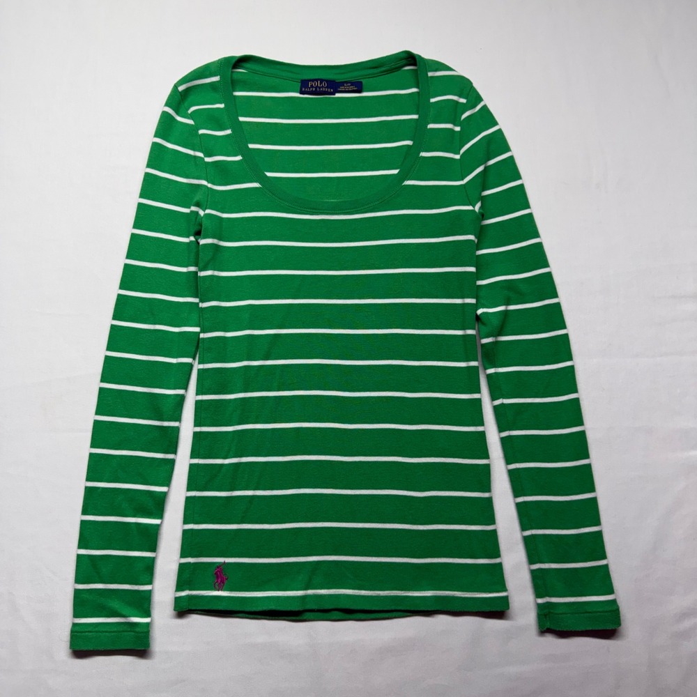 Polo Ralph Lauren‎ Green White Stripe Long Sleeve Tee Shirt Pink Pony Womens S